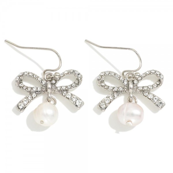 Rhinestone Studded Bow Post Drop Earrings Featuring Pearl Detail 