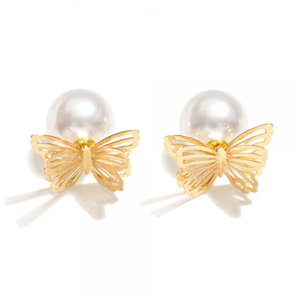 Wholesale double Layer Butterfly Studs Pearl Back L