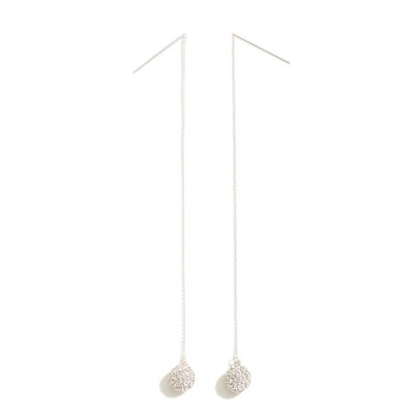 Metal Tone Dainty Chain Link Threader Drop Earrings Featuring Rhinestone Studded Ball 

Approximately 5" L (Adjustable) 