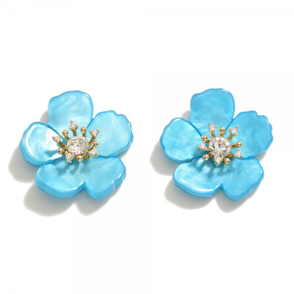 Acetate Flower Stud Earrings With Rhinestone Accents 

- Approximately .75" L