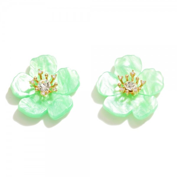 Acetate Flower Stud Earrings With Rhinestone Accents 

- Approximately .75" L