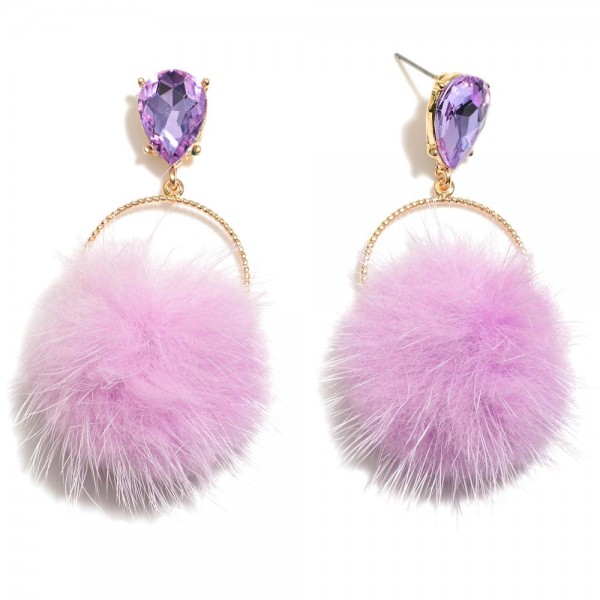 Wholesale metal Hoop Post Drop Earrings Faux Fur Pom Pom Rhinestone Post L