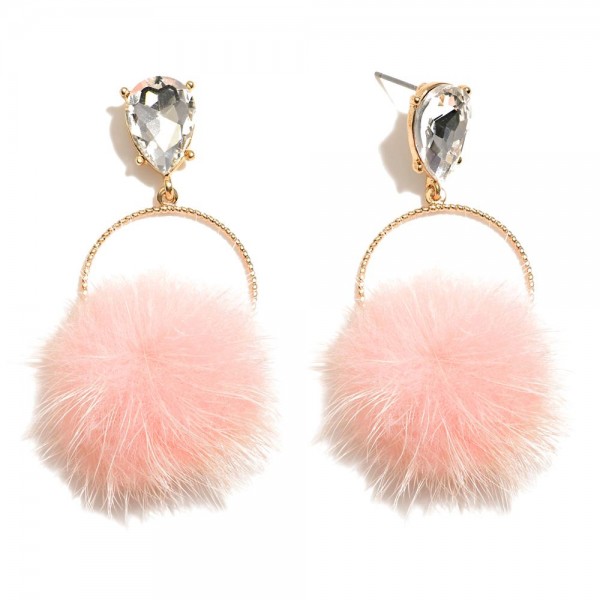 Metal Tone Hoop Post Drop Earrings Featuring Faux Fur Pom Pom & Rhinestone Post

- Approximately 2" L