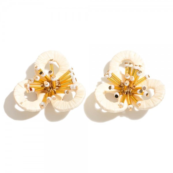 Raffia Wrapped Flower Post Drop Earrings With Beaded Accents 

- Approximately 1.5" L