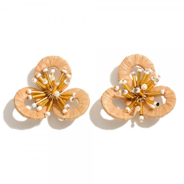 Raffia Wrapped Flower Post Drop Earrings With Beaded Accents 

- Approximately 1.5" L