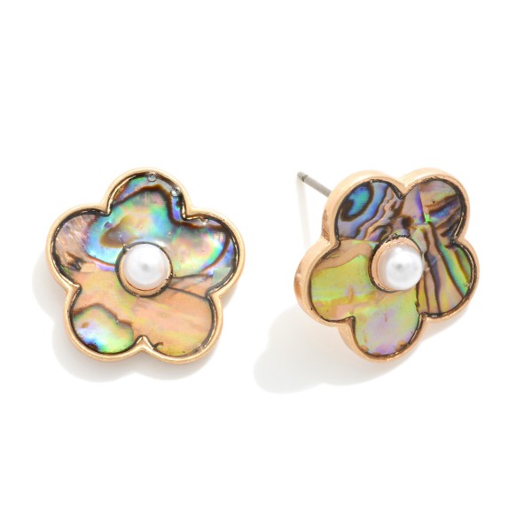 Pearlescent Flower Stud Earrings Featuring Pearl Accent 

- Approximately .75" L
- Hypoallergenic Brass Base 