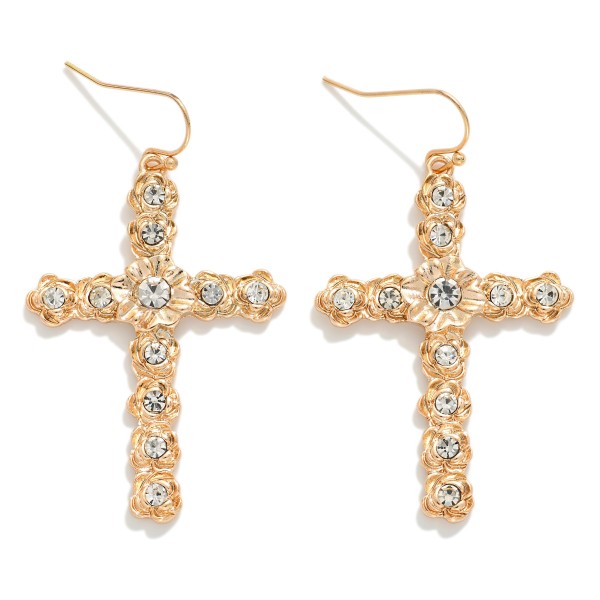 Metal Tone Flower Cross Drop Earrings Featuring Rhinestone Details 

- Approximately 2" L