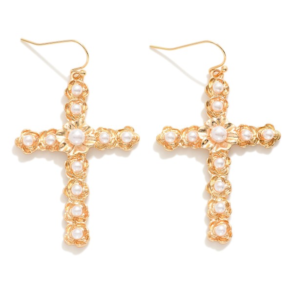 Wholesale metal Flower Cross Drop Earrings Rhinestone Pearl Details Hypoallergen