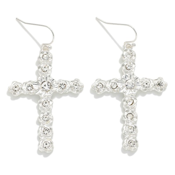 Metal Tone Flower Cross Drop Earrings Featuring Rhinestone Details 

- Approximately 2" L