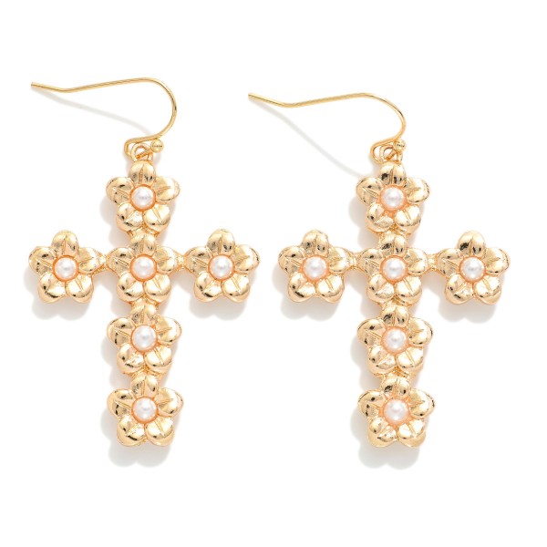 Wholesale metal Flower Cross Drop Earrings Pearl Details L Hypoallergenic Brass