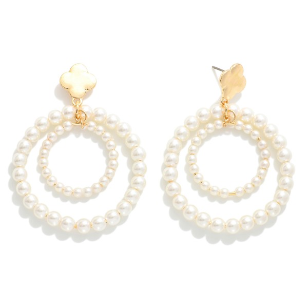 Nesting Pearl Hoop Post Drop Earrings Featuring Metal Tone Clover Post 

- Approximately 2" L
- Hypoallergenic Brass Base 