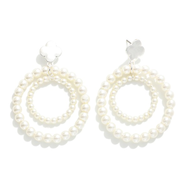 Nesting Pearl Hoop Post Drop Earrings Featuring Metal Tone Clover Post 

- Approximately 2" L
- Hypoallergenic Brass Base 