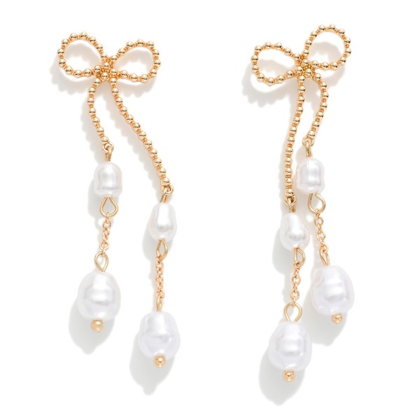 Wholesale beaded Metal Bow Post Drop Earrings Linked Pearl Details L