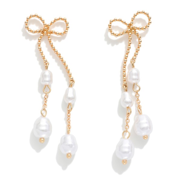 Beaded Metal Tone Bow Post Drop Earrings Featuring Linked Pearl Details 

- Approximately 2.5" L