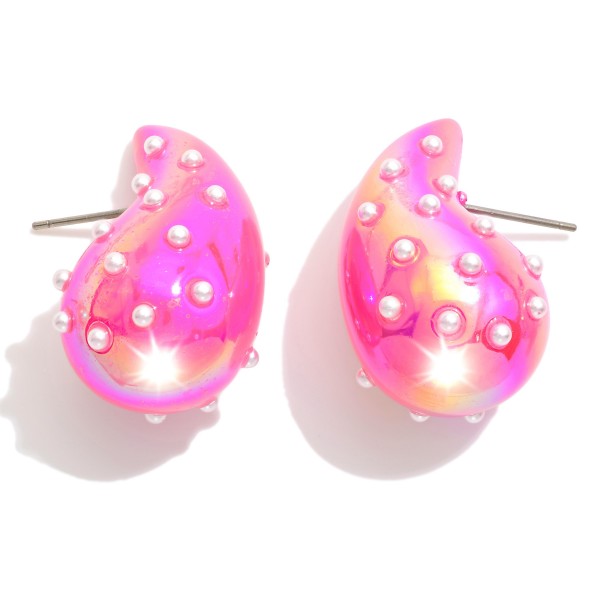 Puffy Pearlescent Teardrop Earrings With Pearl Details 

- Approximately 1.25" L
- Hypoallergenic Brass Base