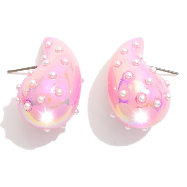 Puffy Pearlescent Teardrop Earrings With Pearl Details 

- Approximately 1.25" L
- Hypoallergenic Brass Base