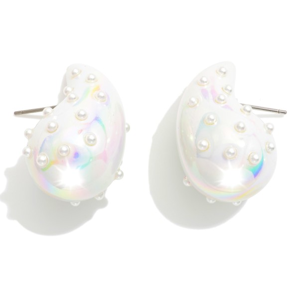 Puffy Pearlescent Teardrop Earrings With Pearl Details 

- Approximately 1.25" L
- Hypoallergenic Brass Base