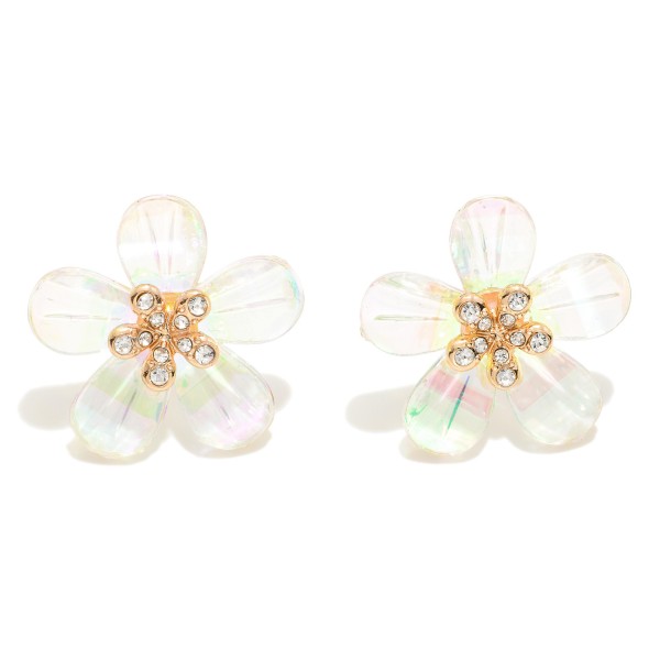 Wholesale iridescent Flower Oversized Stud Earrings Rhinestone Details Hypoaller