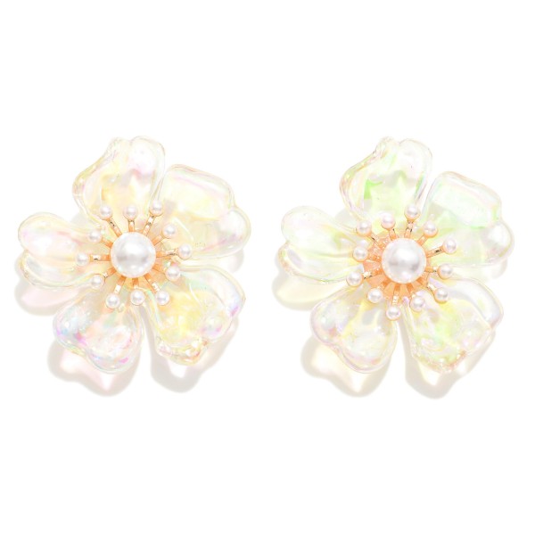 Wholesale iridescent Flower Oversized Stud Earrings Pearl Hypoallergenic Titaniu