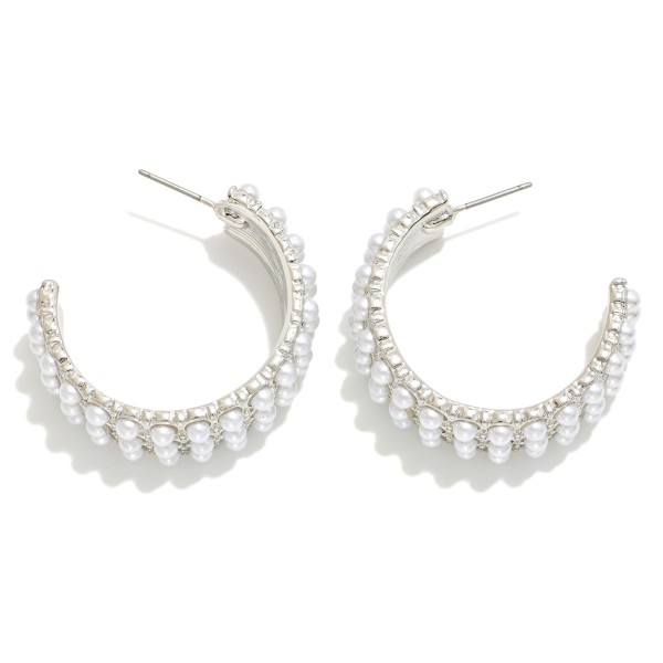Wholesale pearl Studded Rows Metal Hoop Earrings D