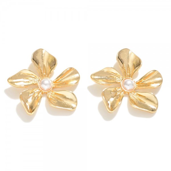 Metal Tone Flower Stud Earrings With Pearl Detail 

- Approximately 1" L