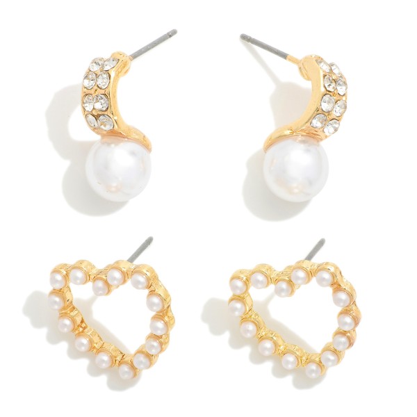 Set of Two Stud Earrings Featuring Hollow Pearl Hearts & Rhinestone Studded Half Hoops With Pearl Detail 

- Approximately .5" L