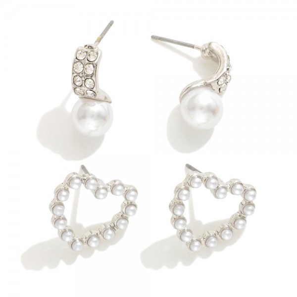 Set of Two Stud Earrings Featuring Hollow Pearl Hearts & Rhinestone Studded Half Hoops With Pearl Detail 

- Approximately .5" L