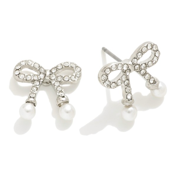 Rhinestone Studded Bow Earrings With Pearl Details 

- Approximately .5" L