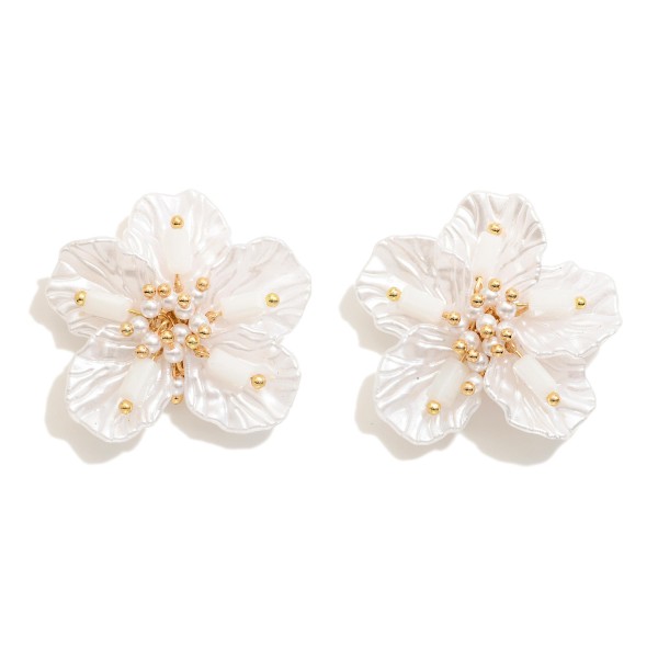 Wholesale pearlescent Flower Post Drop Earrings Beaded Accents L