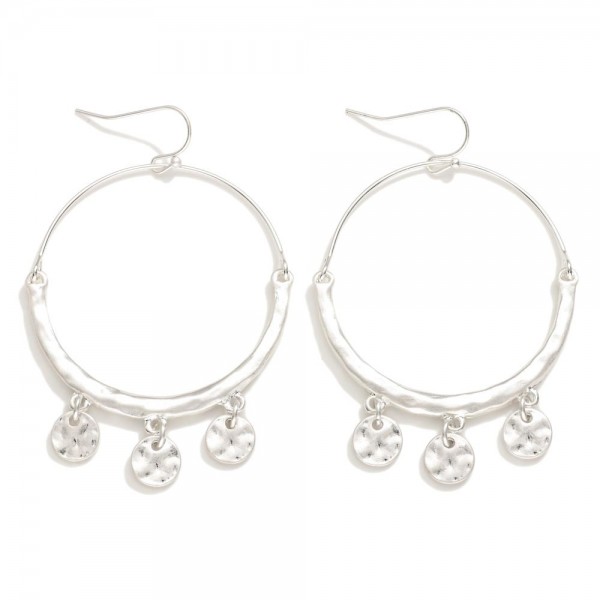 Metal Tone Drop Hoop Earrings Featuring Hammered Metal Circle Charms 

- Approximately 2.25" L