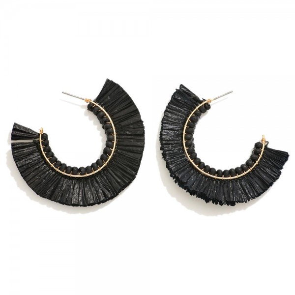 Wholesale fringed Raffia Hoop Earrings Wood Bead Details D