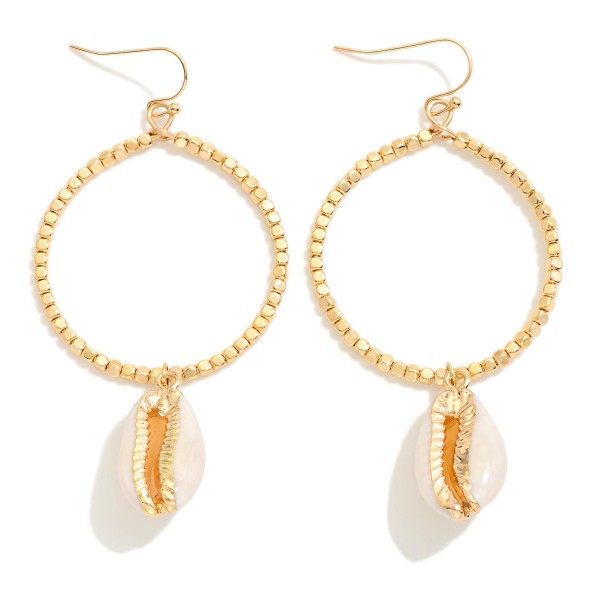 Gold Tone Beaded Hoop Drop Earrings With Cowrie Shell Details

- Approximately 2.75" L