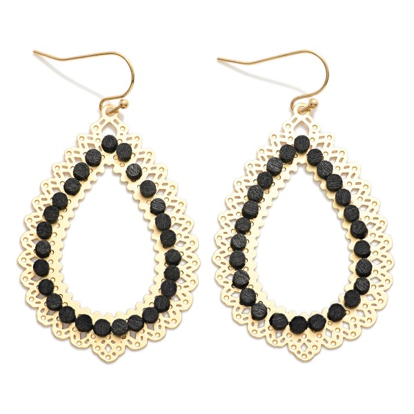 Gold Tone Scalloped Teardrop Drop Earrings Featuring Wood Details 

- Approximately 2" L