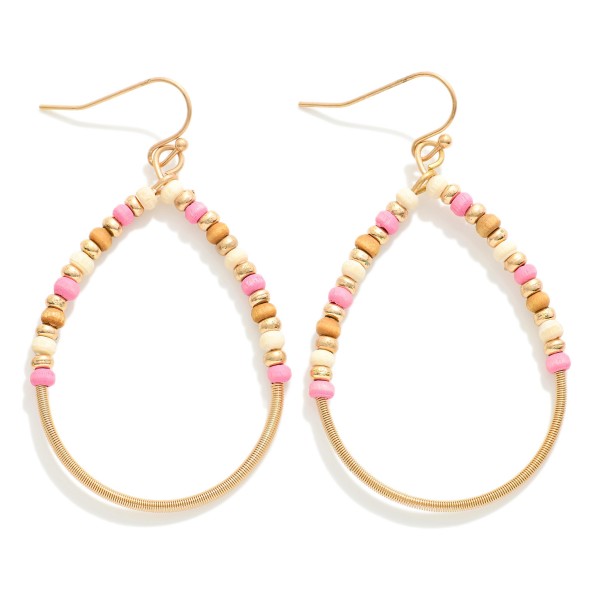 Wholesale wood Metal Beaded Teardrop Drop Earrings Metal Wire Wrapping Detail L