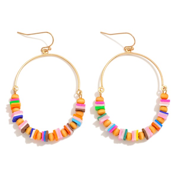 Wholesale linked Half Hoop Mixed Media Beaded Drop Earrings Puka Shell Wood Bead