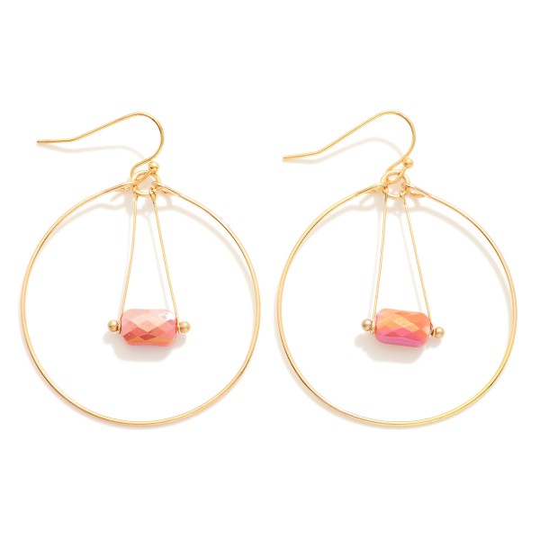 Wholesale gold Hoop Drop Earrings Suspended Cushion Cut Bead Detail L