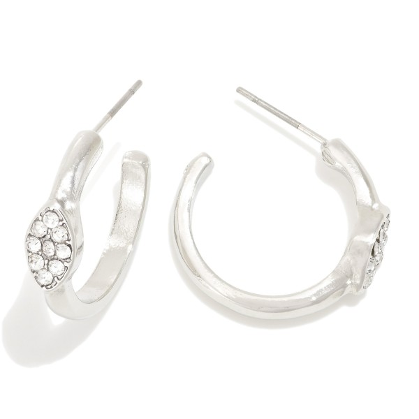 Metal Tone Hoop Earrings With Rhinestone Detail

- Approximately .75" D