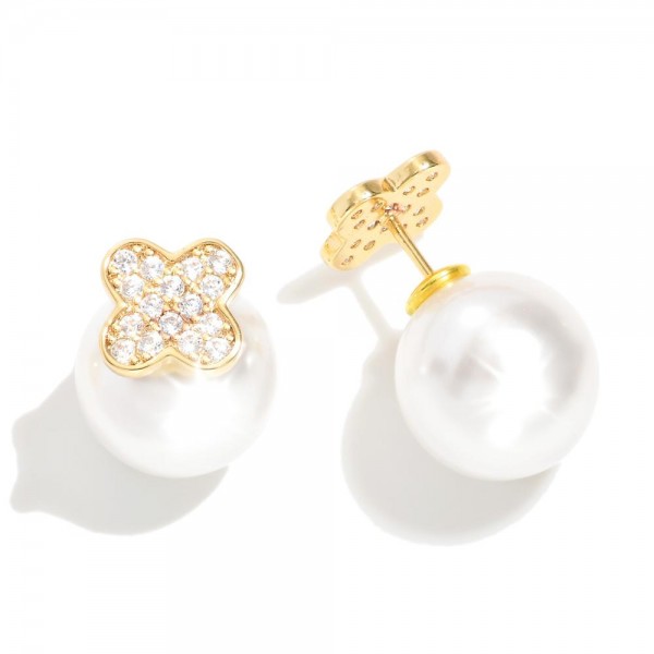 Rhinestone Studded Clover Peekaboo Stud Earrings Featuring Pearl Back 

- Approximately .25" L