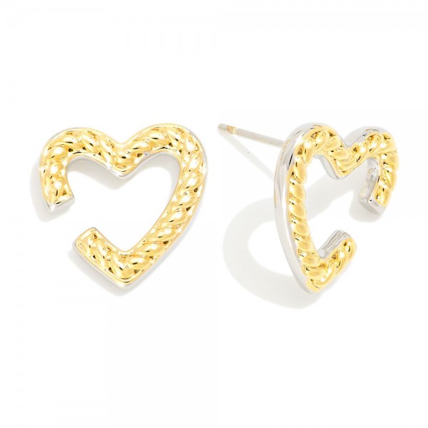 Do Everything In Love Open Heart Stud Earrings Featuring Twisted Metal Detail 

- Brass Base
- Hypoallergenic
- White / 14K Gold Dipped
- Made In Korea
- Approximately .5" L