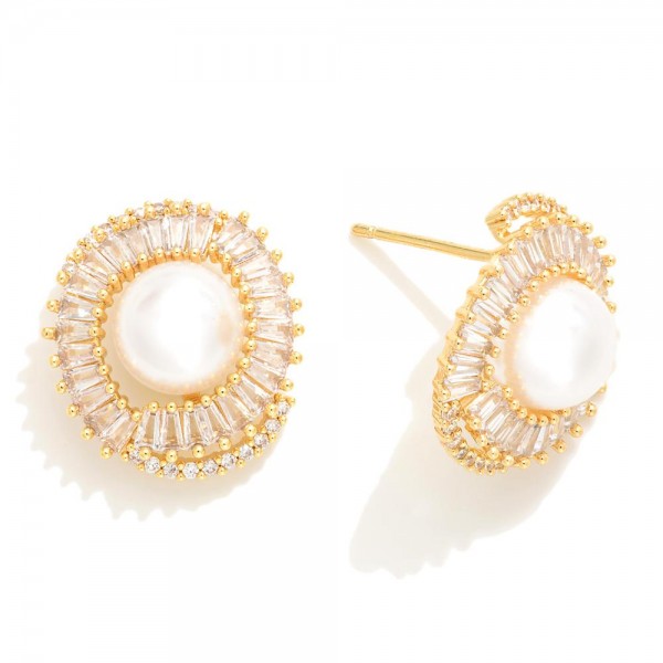Wholesale do Everything Love Pearl Stud Earrings Cubic Zirconia Details Brass Ba