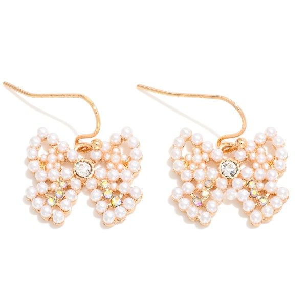 Wholesale pearl Studded Bow Drop Earrings Rhinestone Detail L