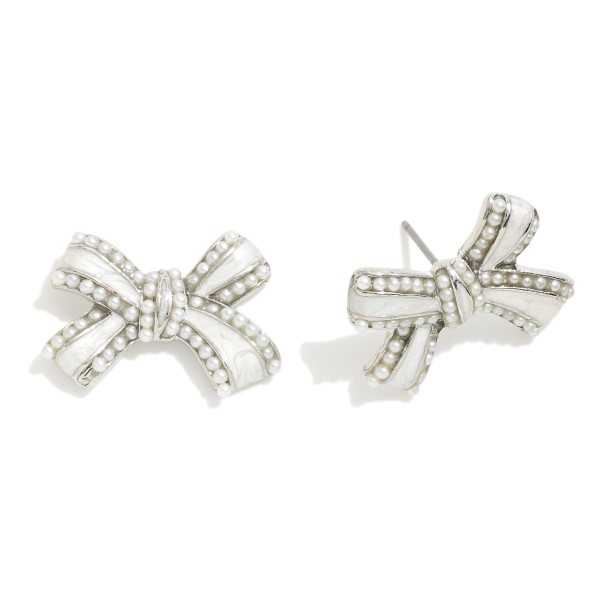 Wholesale pearl Studded Enamel Striped Bow Stud Earrings W