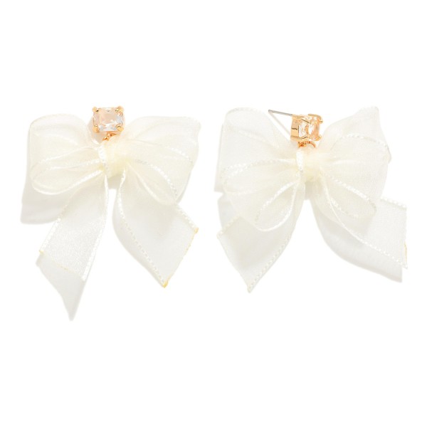 Wholesale sheer Lace Ribbon Bow Drop Earrings Rhinestone Stud Posts L
