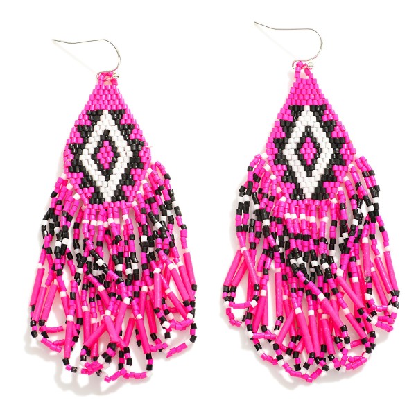 Seed Beaded Aztec Print Drop Earrings With Beaded Loop Tassels

- Approximately 3.5" L