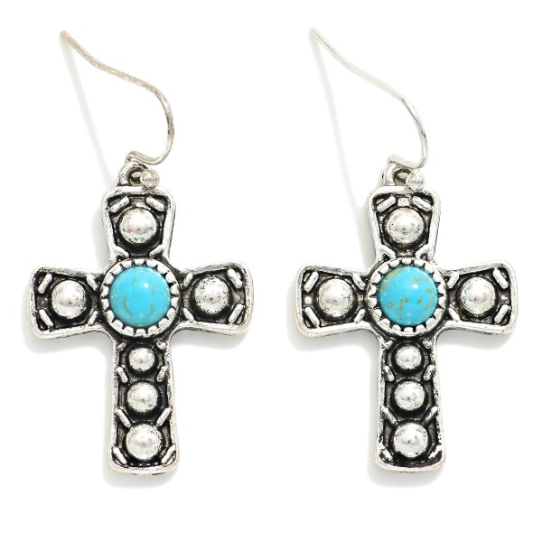 Wholesale metal Western Cross Drop Earrings Turquoise Accent L