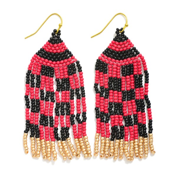 Wholesale checkered Seed Bead Tassel Game Day Drop Earrings L