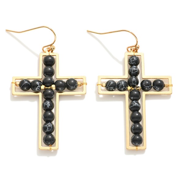 Wholesale natural Stone Beaded Cross Drop Earrings Gold Metal Framing L