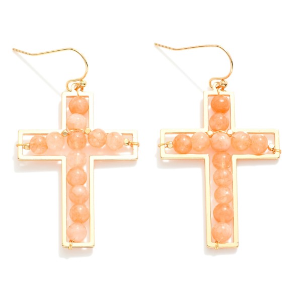Wholesale natural Stone Beaded Cross Drop Earrings Gold Metal Framing L