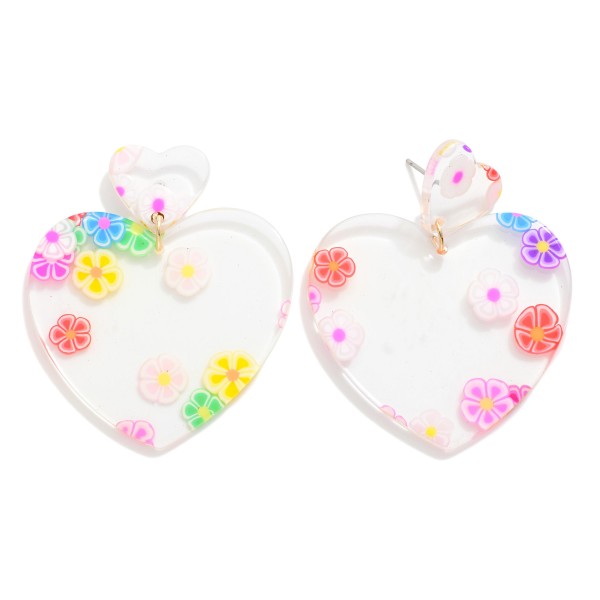 Heart Drop Earrings Featuring Printed Flower Details

- Approximately 2"L