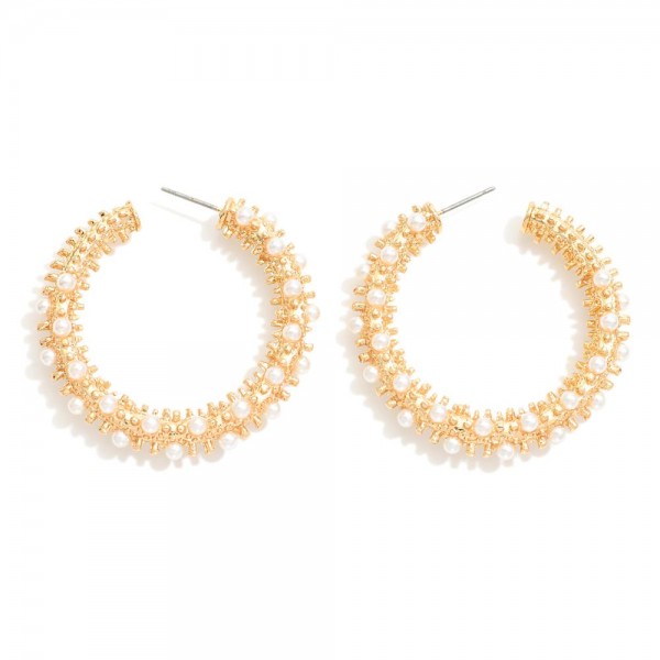 Textured Metal Hoop Earrings With Pearl Details 

- Approximately 1.25" D